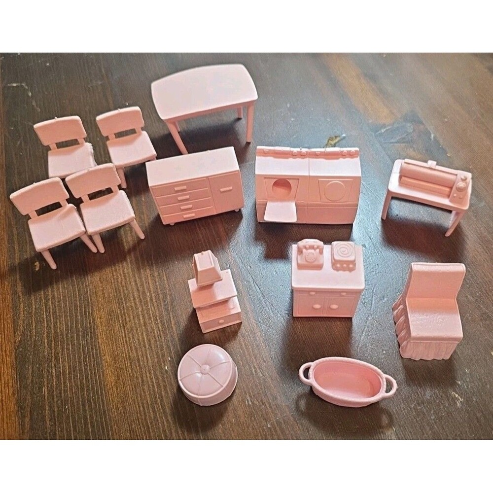 Dollhouse Furniture VINTAGE- Pink 13 Pieces Dresser, Chairs/Table
